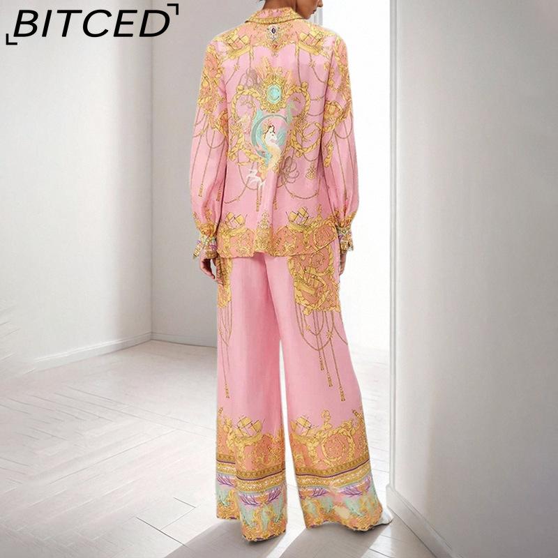 BITCED Damen Frühjahrskollektion: Eleganter Homewear-Stil Bedrucktes Langarm-Oberteil und Hose Lässiges Mode-Set