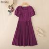 ZANZEA Women Casual Square Collar Summer Short Sleeve Pleated Dress
