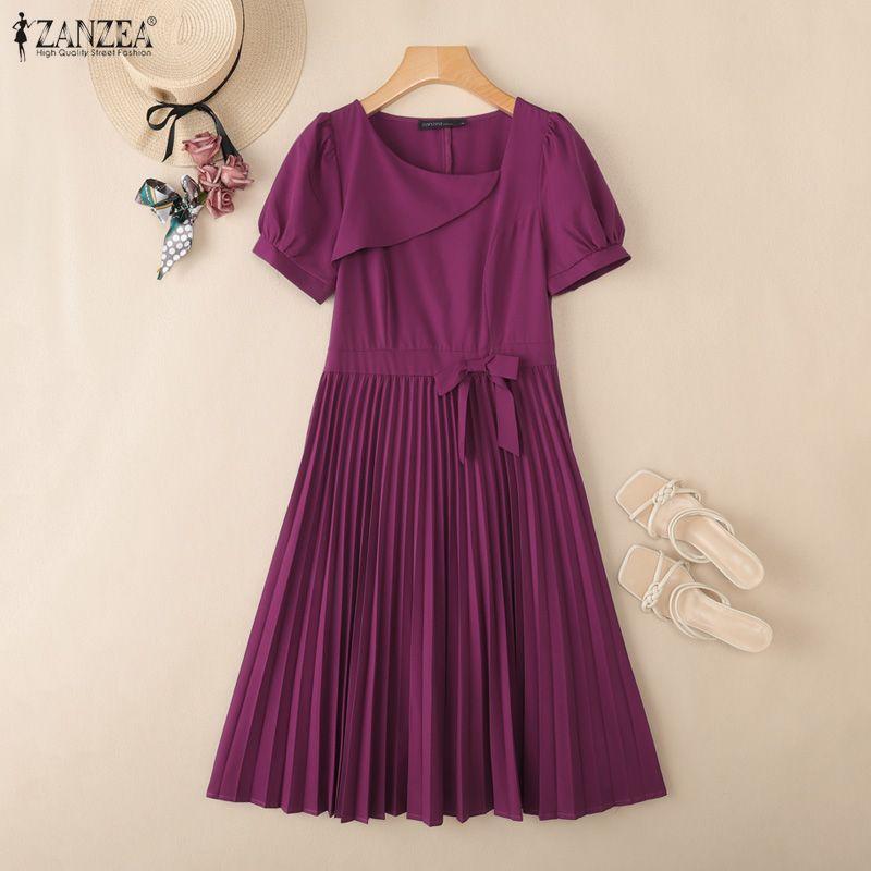 ZANZEA Women Casual Square Collar Summer Short Sleeve Pleated Dress