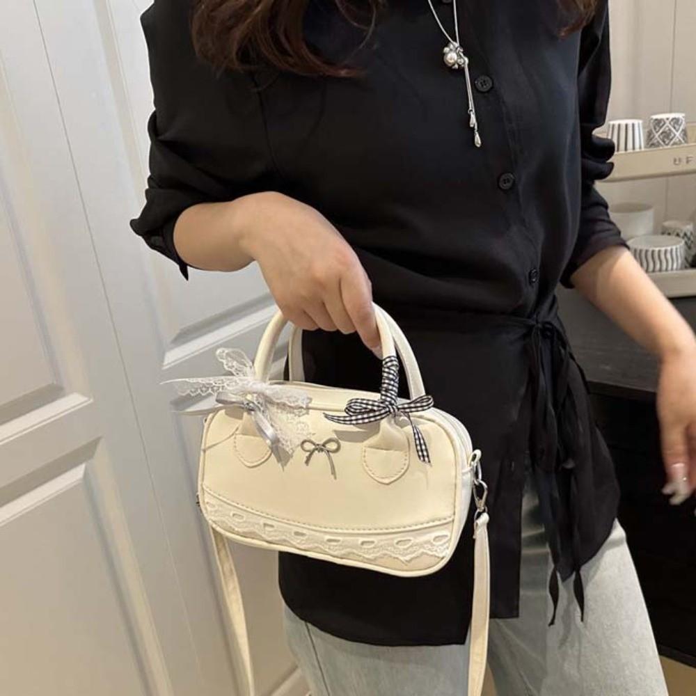 Lace Ribbon Boston Handbag Bow Small Square Bag All-Match Crossbody Bowling Bag Party