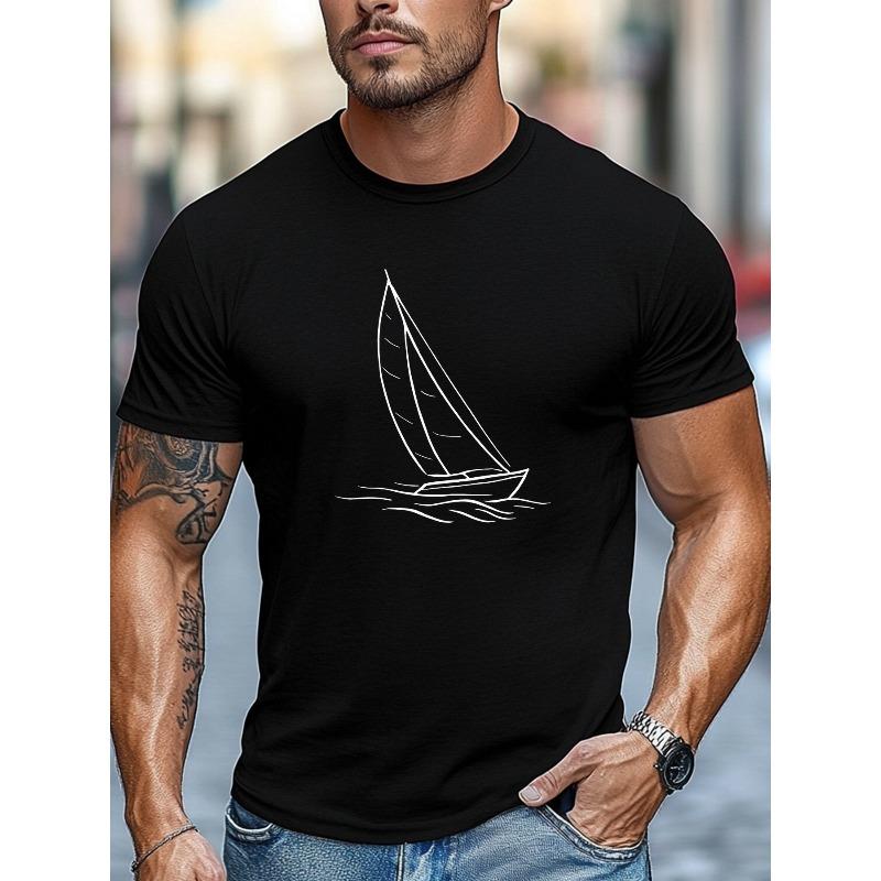 European Size Men's T-shirt, Relaxed and Casual, Simple and Clean, Men's Minimalist Sailboat Pattern Summer Casual Crew Neck Short-sleeve T-shirt