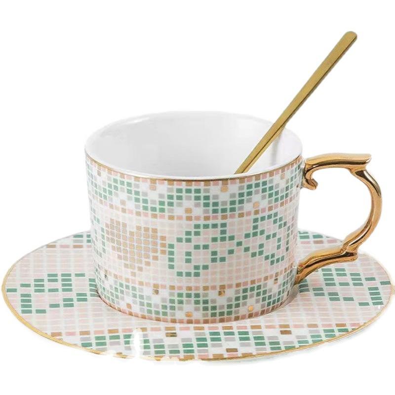 European Palace Style Mosaic Gold Coffee Cup with Spoon Small Luxury Afternoon Tea Ceramic Cup and Saucer Set