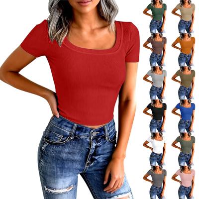 Women's Ribbed Slim Fit Sexy U,Neck Casual T,Shirt
