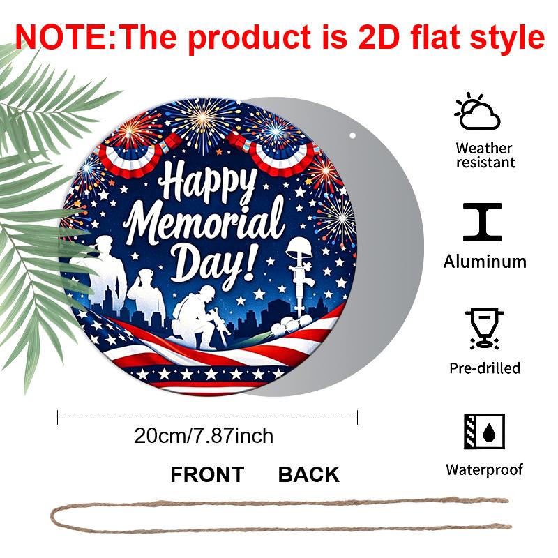 2D Flat, 1pc Round Happy Memorial Day Aluminum Hanging Sign, Patriotic US Soldier Silhouette Firework Flag Design, Weatherproof Metal Wall Decor