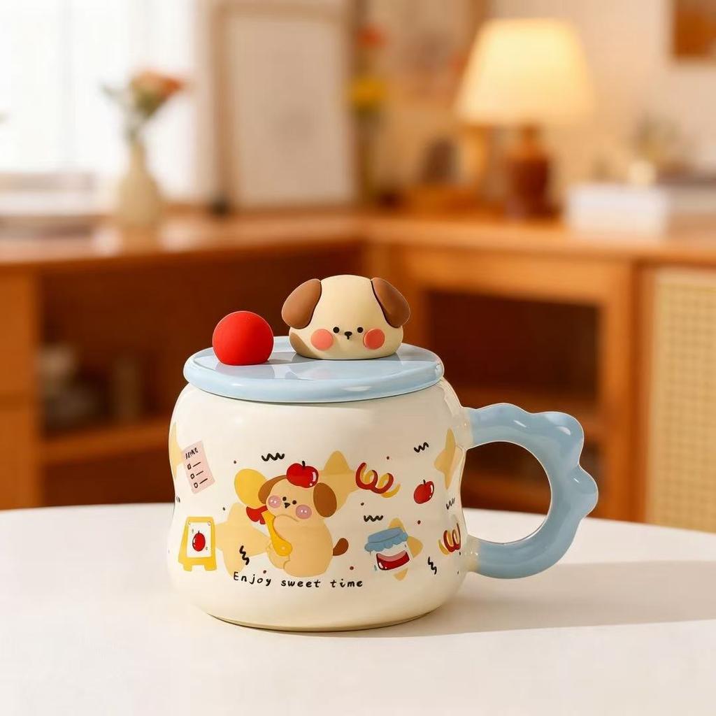 Cartoon animal mug with lid cute set ceramic mug home office gift water cup girl