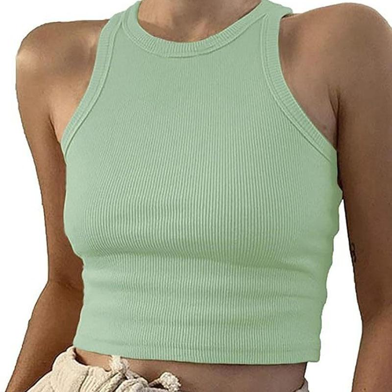 Rib Knit Green Women's Tank Top Summer Casual Basic Skinny Vest Sleeveless White Off Shoulder Sexy Woman Crop Top