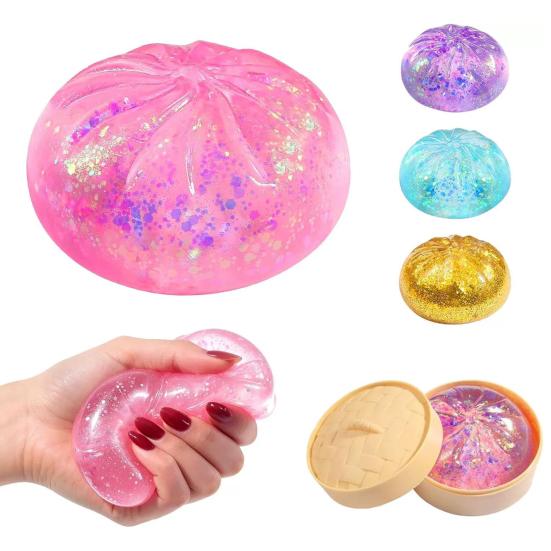 Yousheng 1/4Pcs Clear Glitter Dumpling Squeeze Toy, Soft Steamed Bun Stress Relief Toy, Hand Exercise Relaxation Tool for Kids Adults