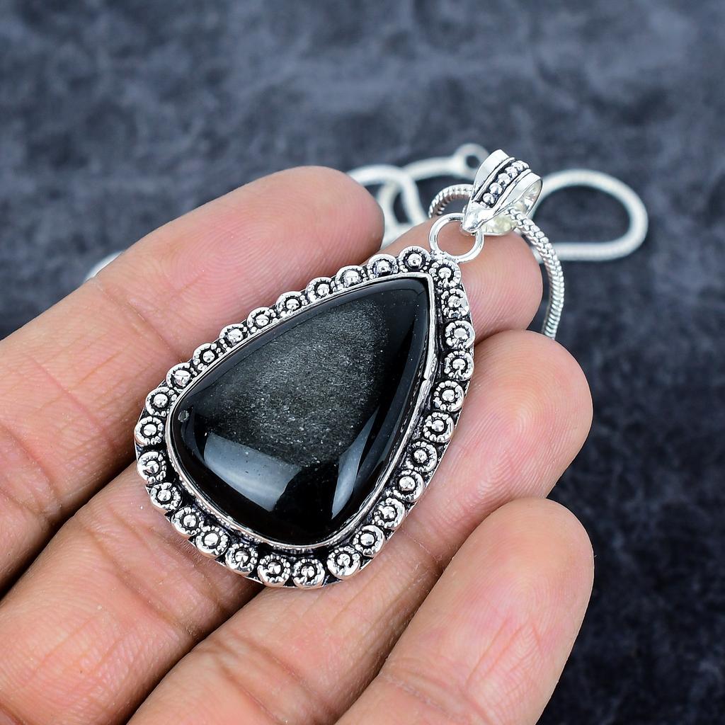 Silversheen Obsidian Gemstone 925 Sterling Silver Jewelry Pendant 2.21" M-2873