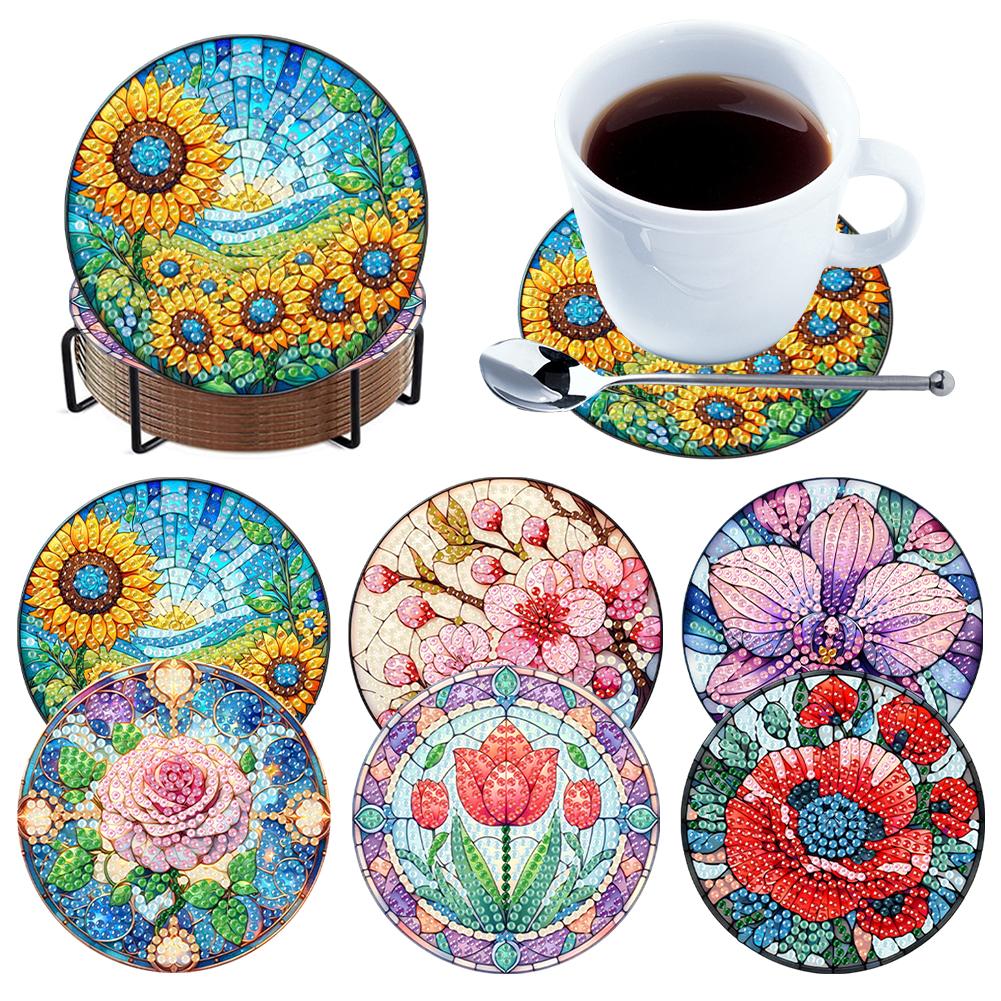 6Pcs/Set Diamond Painting Coasters with Holder DIY Diamond Art Coaster Set Wooden for Beginners Adults Art Craft Supplies