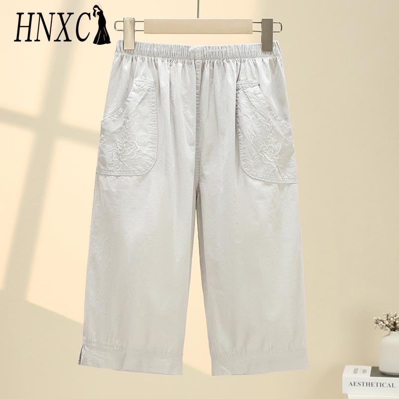 HNXC Summer Women Elastic Waist Straight Trousers Middle Age Older Women High Waist Straight Pants Washed Cotton Cropped Plus Size Pants