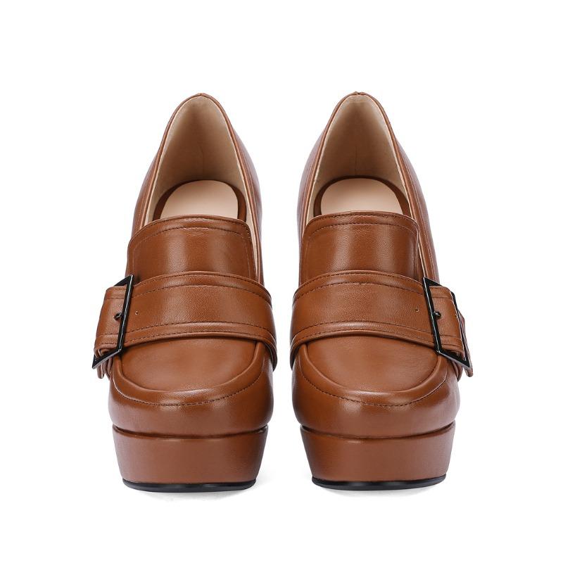 Fashion Round Toe High Heel Belt Buckle Women Single Shoes 2024 New Black Brown Spring  Autumn Waterproof Platform High Heels Size 34-43