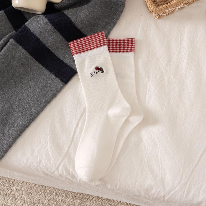 Female Spring and Autumn Lovely Cartoon Embroidery Bow Red Plaid Flanging Boneless Tube Socks