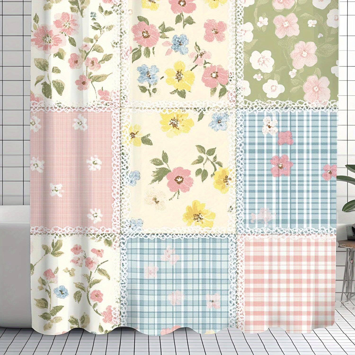 

Vintage Floral Check Shower Curtain - Polyester, Machine Washable, Pink, Blue, Green And White Floral Check Pattern W60H190(CM)-1 Pcs