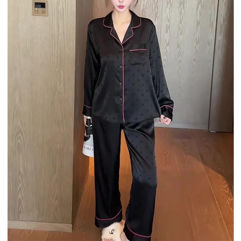 2PCS Set Spring Autumn Love Jacquard Silk Pajamas Women's Long Sleeve Simple Sleepwear Homewear Girl Black Nightwear Loungewear