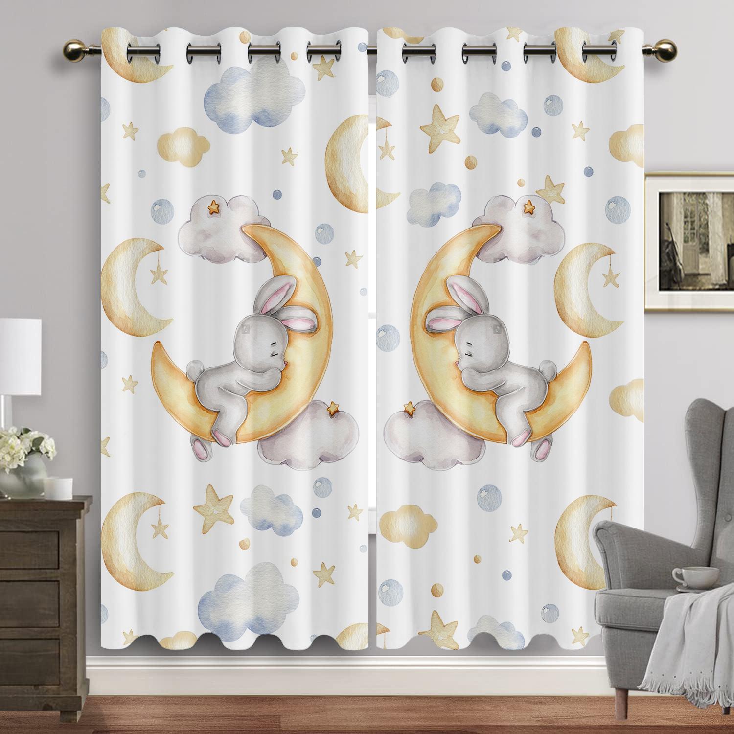 Cartoon Tiere Fensterbereich Vorhang Wohn Innenraum Aquarell Hase Bär Ösen Vorhänge Mond Druck Neues Babyzimmer Vorhänge Kostenloser Versand W60H60(CM)x2pcs&HOOK beige