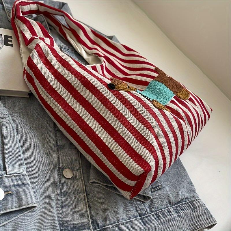 A Stylish and Casual Striped Tote Bag Featuring a Cute and Fun Dachshund Embroidery Pattern, Durable Bag Has a Nylon Lining, Suitable for Charming