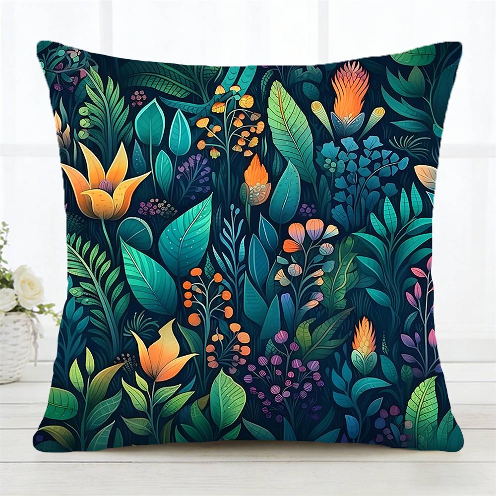 Dark Green Floral Pillow Case Fashion Square Pillowcase Bedroom Sofa Room Ins Decoration Leisure