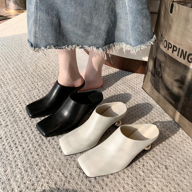 Fashion Square Toe Elegant Women Slippers Fad Mid Heels Leather Sandals Mule Shoes 2025 New Trend Spring Designer Dress Femme Chaussures
