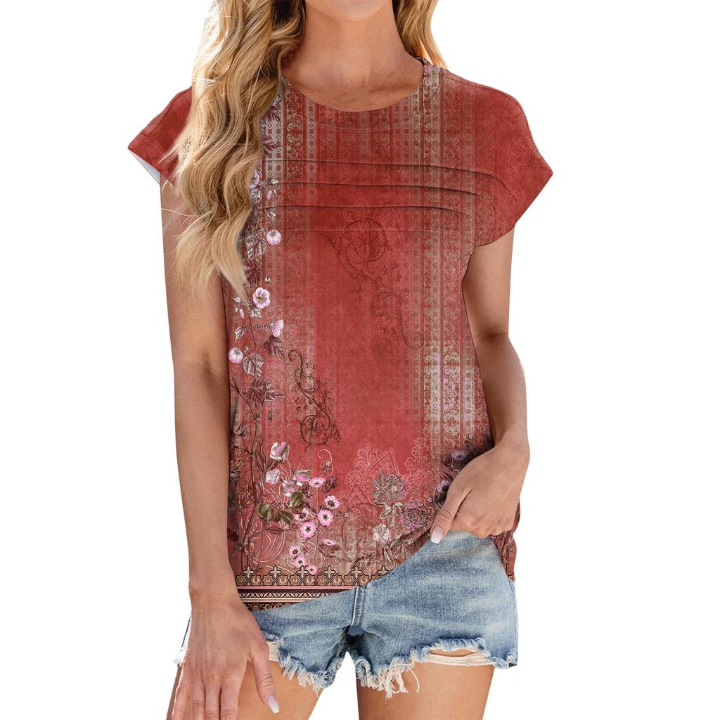 Women's Fashion Casual Basic Floral Textured Round Neck T-Shirt Vest Top