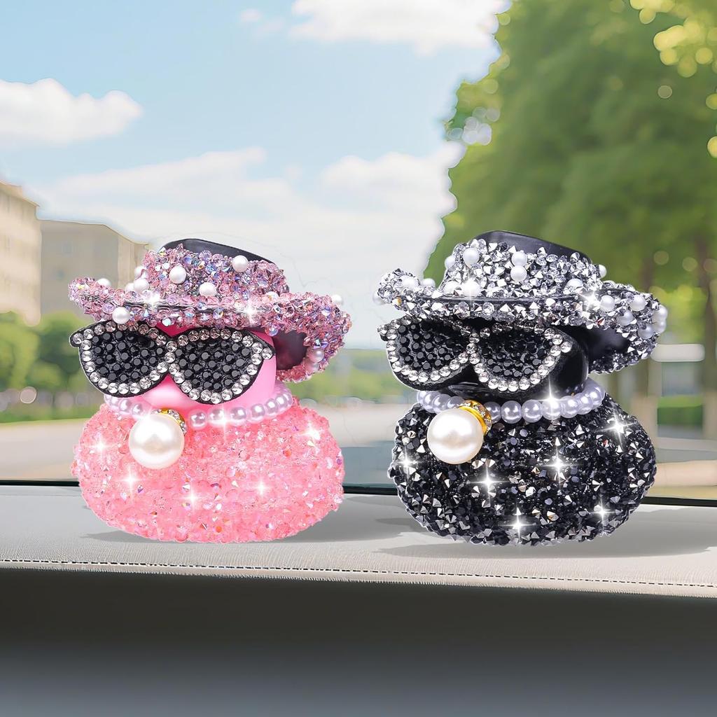 Rhinestones Rubber Duck Car Ornaments, 2Pcs Funny Diamond Ducks Car Dashboard Decorations Duck Accessories with Mini Shiny Cowboy Hat Necklace and