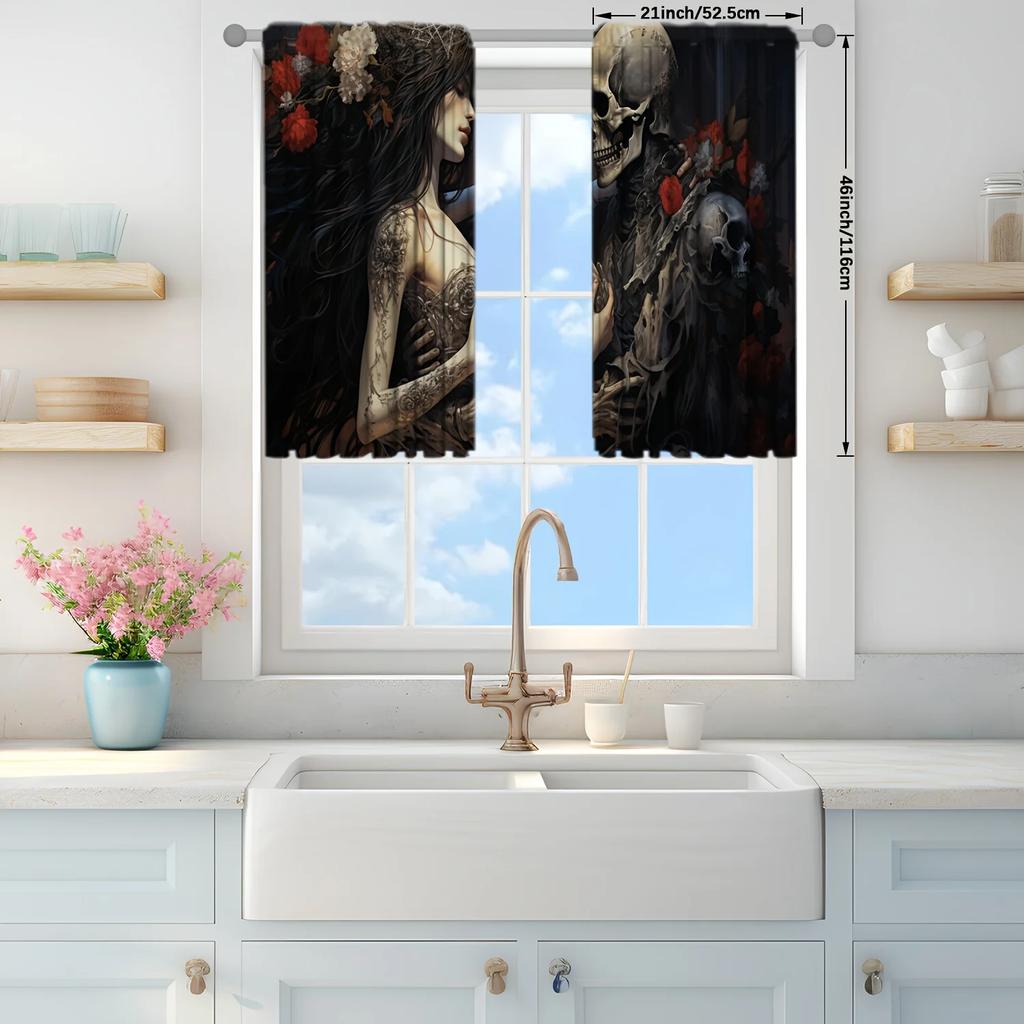 2pcs Couple Skeleton Art Printed Curtain for Home Decor - Rod Pocket Window Treatment for Bedroom, Office, Kitchen, Living Room