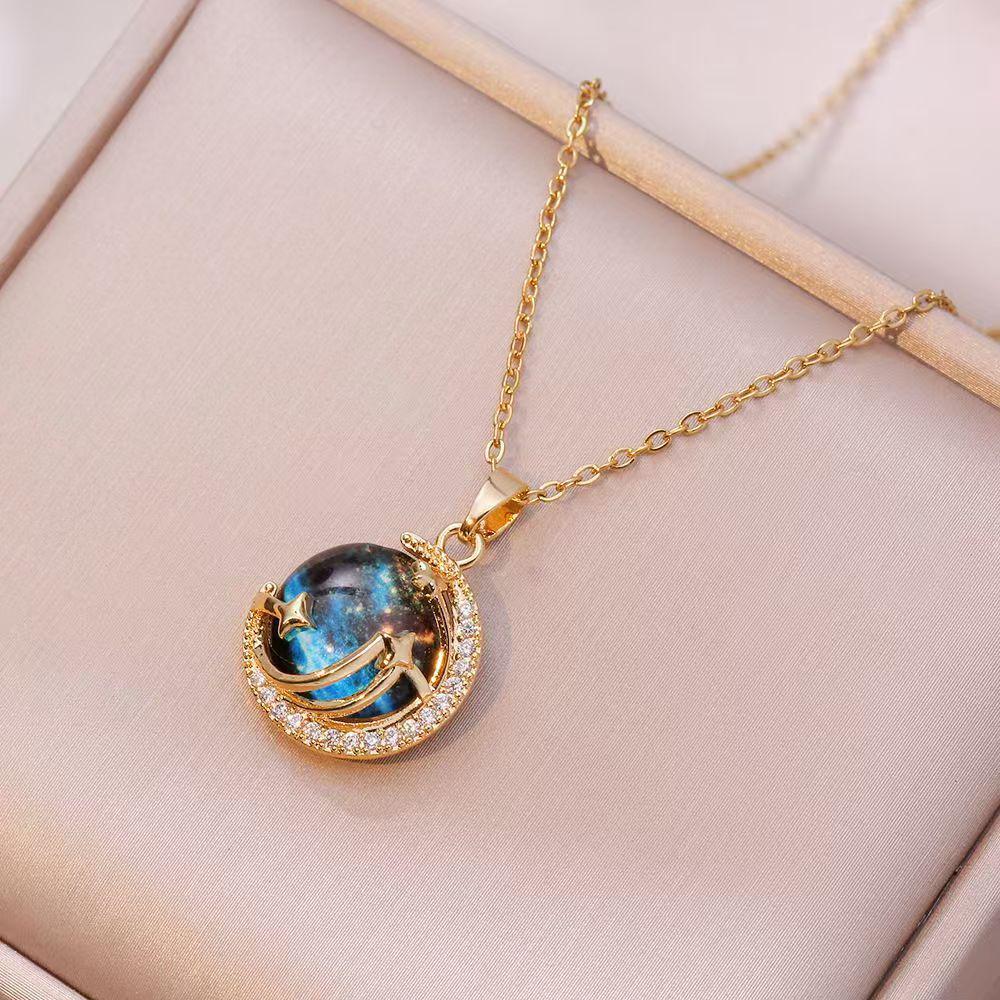 Copper-Plated Zirconia Dream Planet Necklace - Aquamarine Clavicle Chain, Non-Fading Titanium Steel