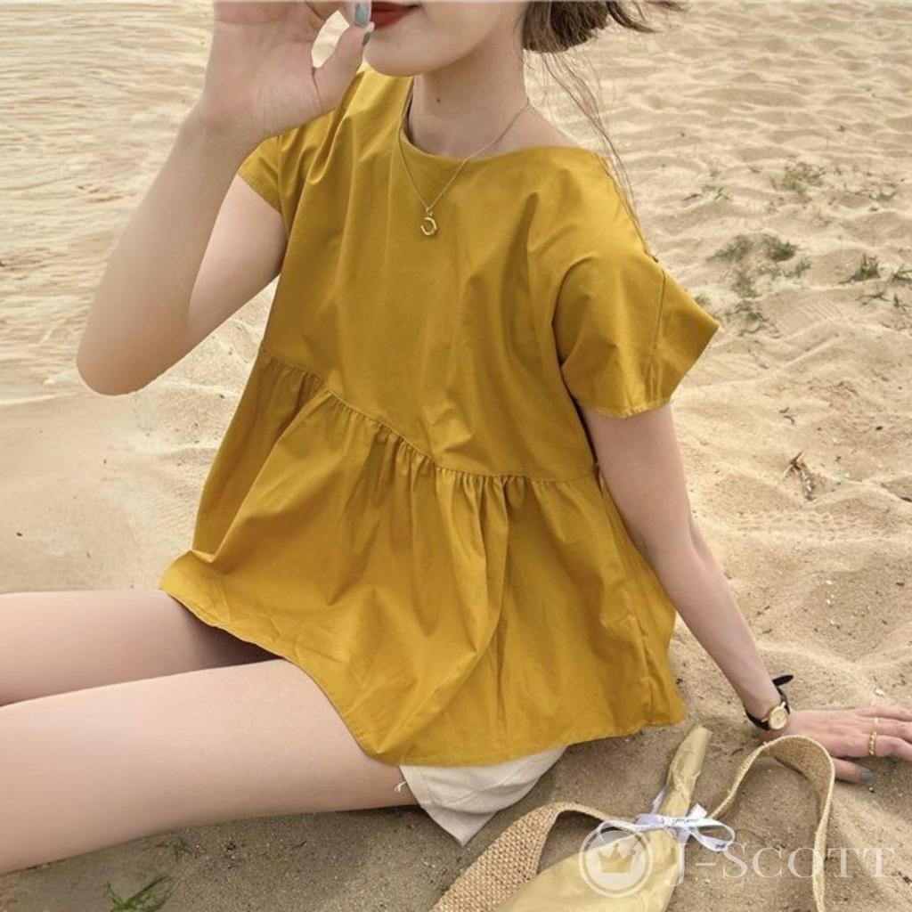 Back Ribbon Commuter J-Scott Women's Top, Waist-Cut, A-Line, Gathered, Spring/Summer, Elegant, Versatile, Comfortable, Girly, Style, Yellow,