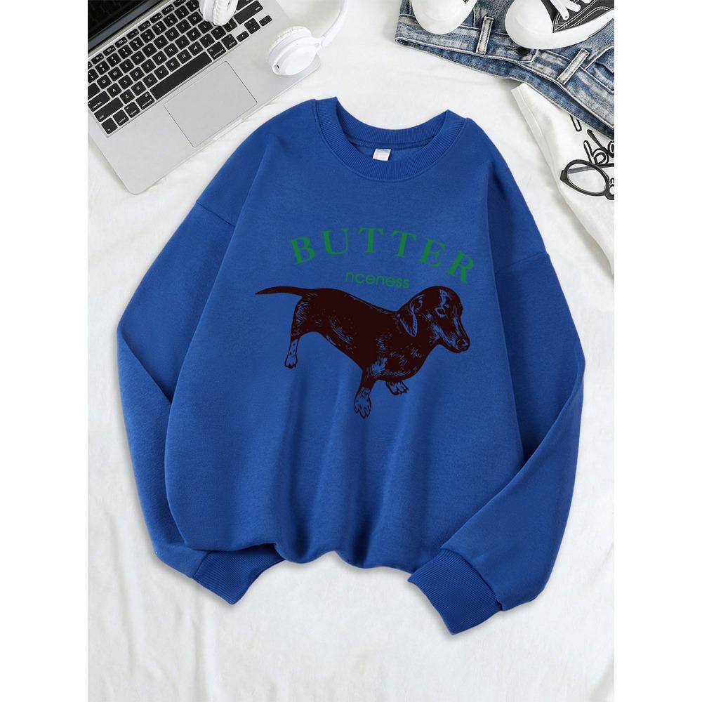 Roztomilé mikiny s potiskem jezevčíka Dámské Zimní Teplé Mikiny Pohodlný Volný Pulovr Ležérní Kulatý Výstřih Dámské Oblečení