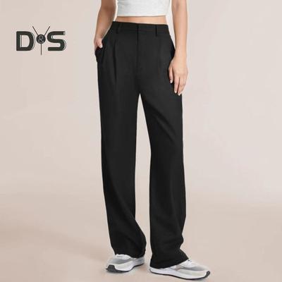 Women Suit Pants Button Zipper Fly Solid Color Suit Trousers with Pockets Straight Wide Leg Office Lady Pants Workwear