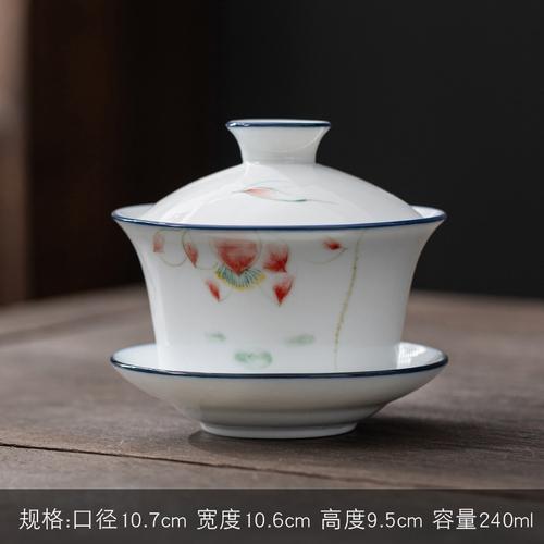 Jingdezhen-Hand Drawn Tea Bowl with Cover, Ceramic Tea Set, Large White Porcelain Covered Bowl, San Cai Gaiwan