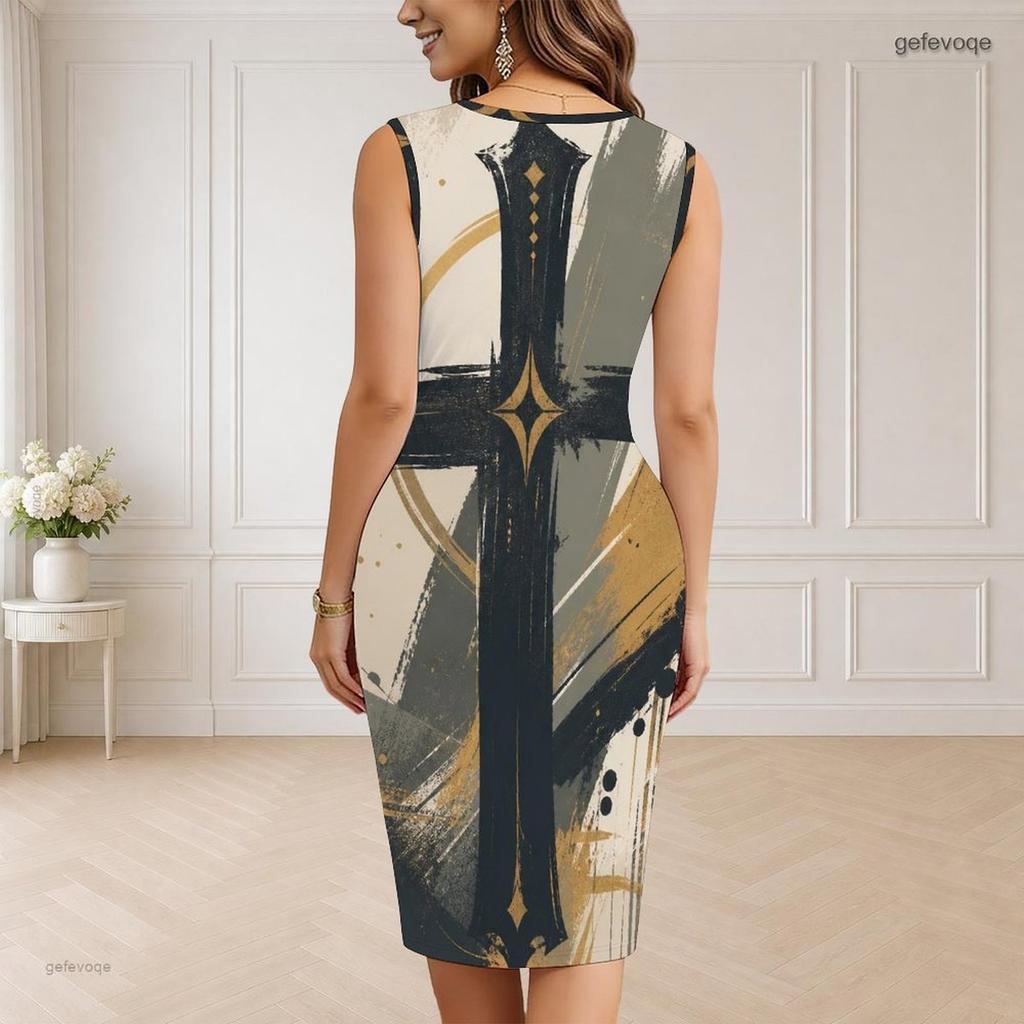 Women Plus Size V Neck Sleeveless Printed Bodycon Midi Dress Red Blue Star Pattern