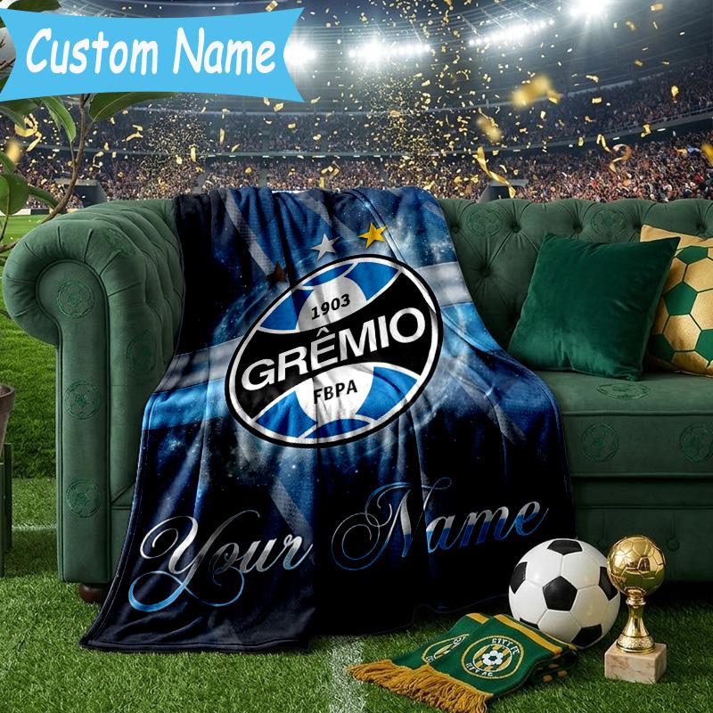 Custom Name Gremio Football Club Emblem Flannel Blanket, Use for Birthday/Holiday Gift, Soft Blanket for Sofa/Bed/Camping/Office, Home Decor