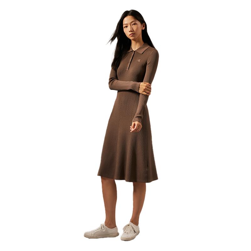 Calvin Klein Casual Embroidered Four-Button Knit Polo Long Sleeve Dress Women Dresses Dark-Gray-Brown J224574