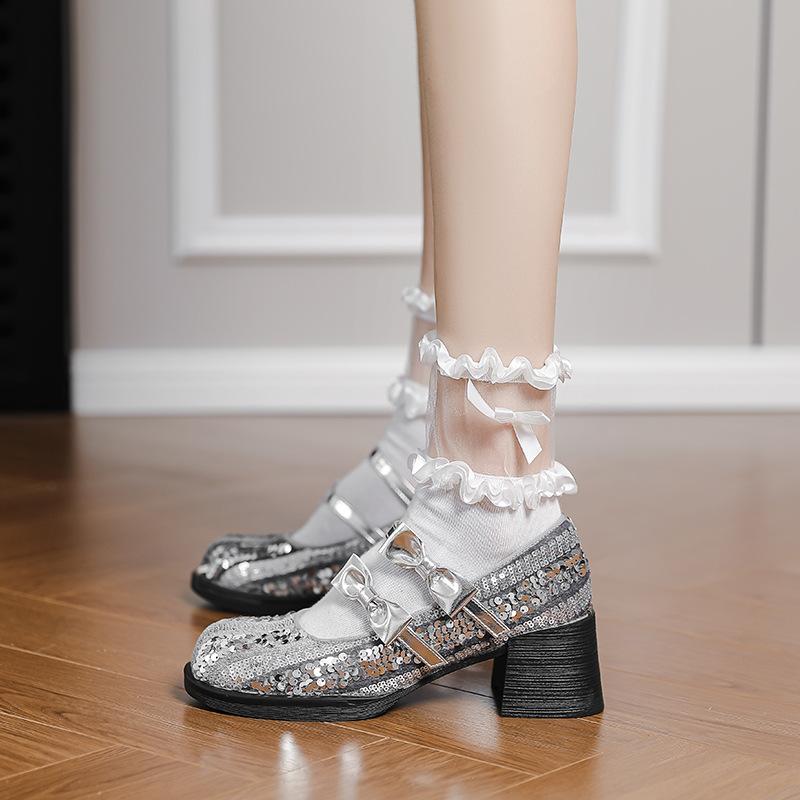High-heeled Mary Jane women's shoes 2025 spring and autumn new round head thick heel butterfly sequins light mouth word with black single shoes