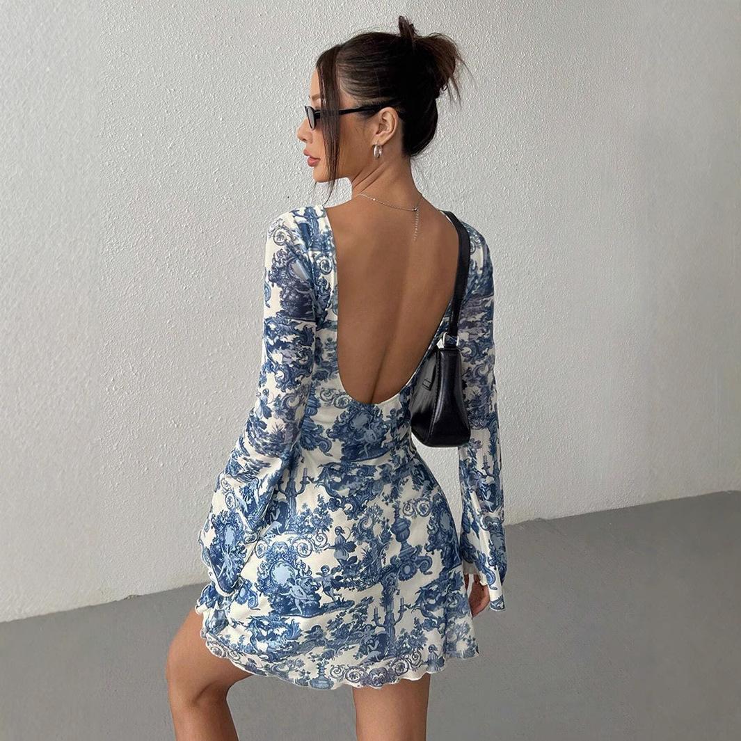 

Spring Summer Women Print Bell Sleeve Backless Mesh Dress Mature Style French Retro Patchwork Slim Sexy Elegant Women Maxi Dress S синий