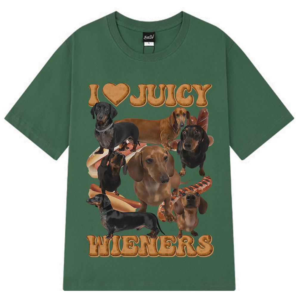 I Love Juicy Wiener Funny Dog Meme T-Shirt Summer Hip-hop T-shirts for Men and Women Short-sleeved Oversized Casual T-shirts Top