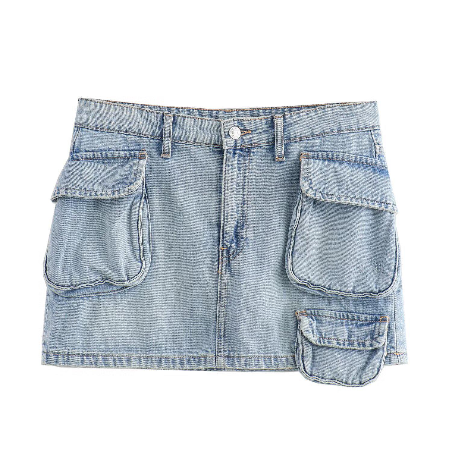 10644- Women s High-Waisted Denim A-Line Mini Skirt with Multi Pockets Large синий