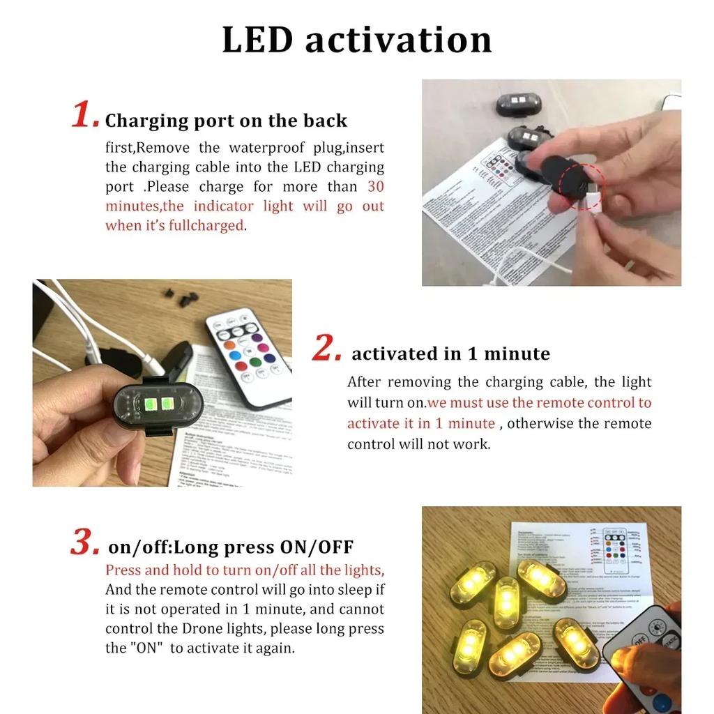 1/6PC Car Motorcycle RGB LED Strobe Lights LED Flash Position Wireless Light Aircraft Airplane Helicopter Warning Lights