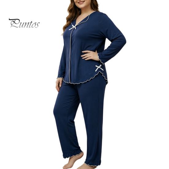 Breathable Sleepwear for Daily Use Women's Plus Size Pajama Set, Long Sleeve Top And Pants Cozy Loungewear Women with Bow, Ruffle 2 Piece Soft Pjs Set