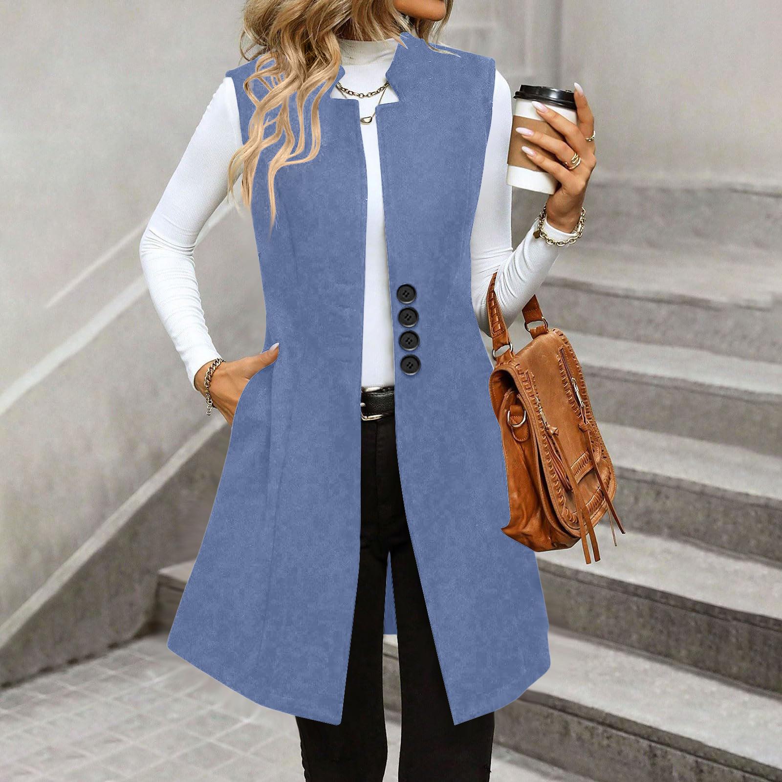 Women’s Sleeveless Long Vest with Button Front Open Design and Notched Lapel Lightweight Outerwear for Casual Wear L