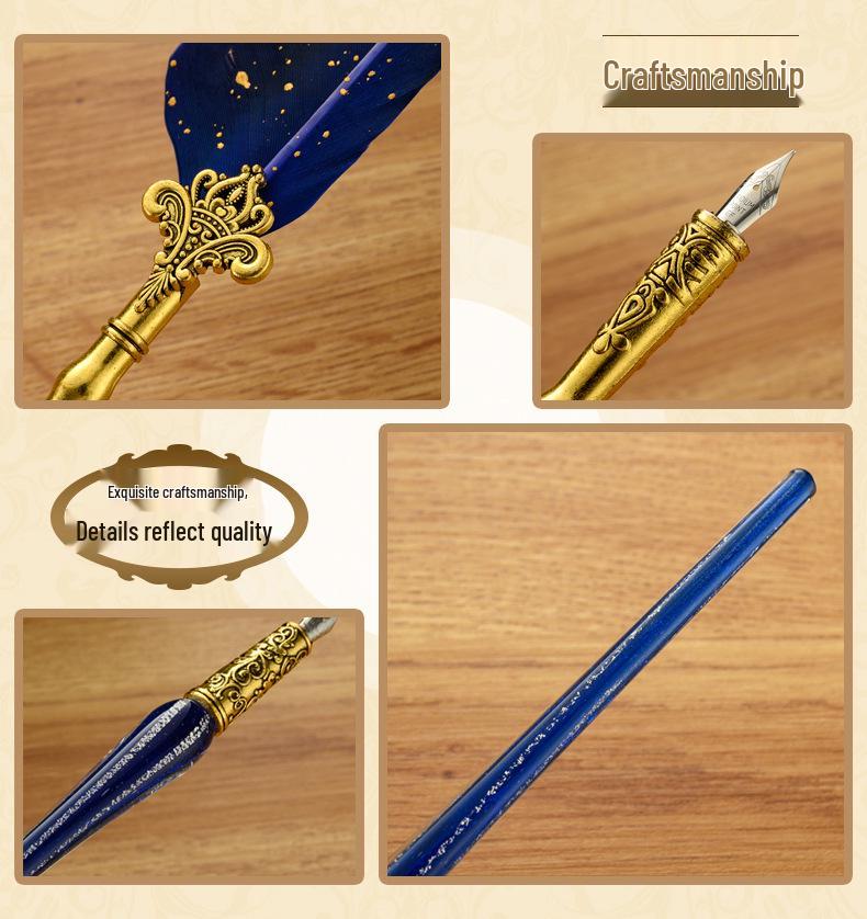 British Style Gold Splatter Feather Pen Set with Custom Logo - Ink Dipping Set, Birthday Gift
