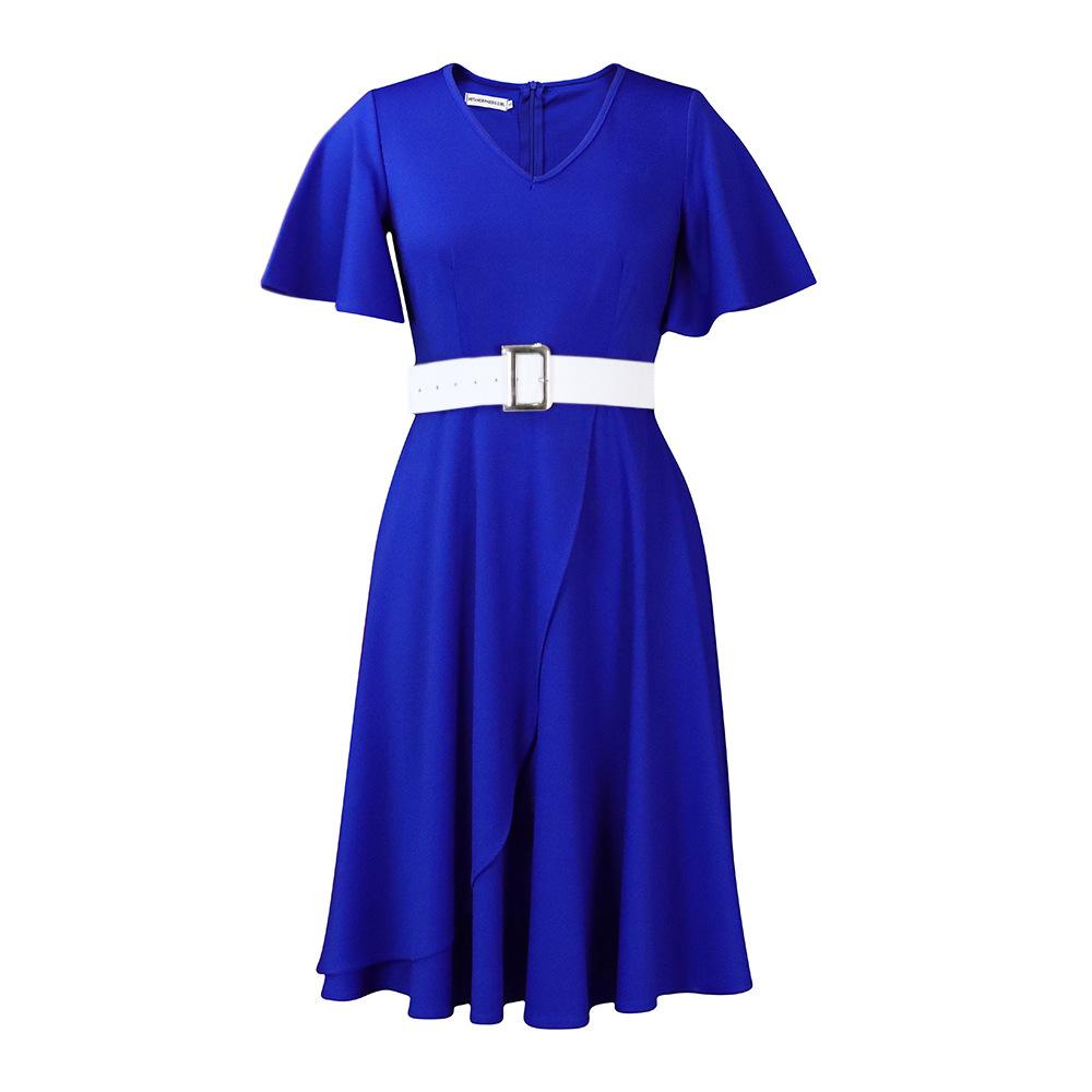 C8624 Amazon Large Size Women s Summer Fashion Elegant Temperament V-Neck Flared Sleeve Skirt African Foreign Trade Dress S
