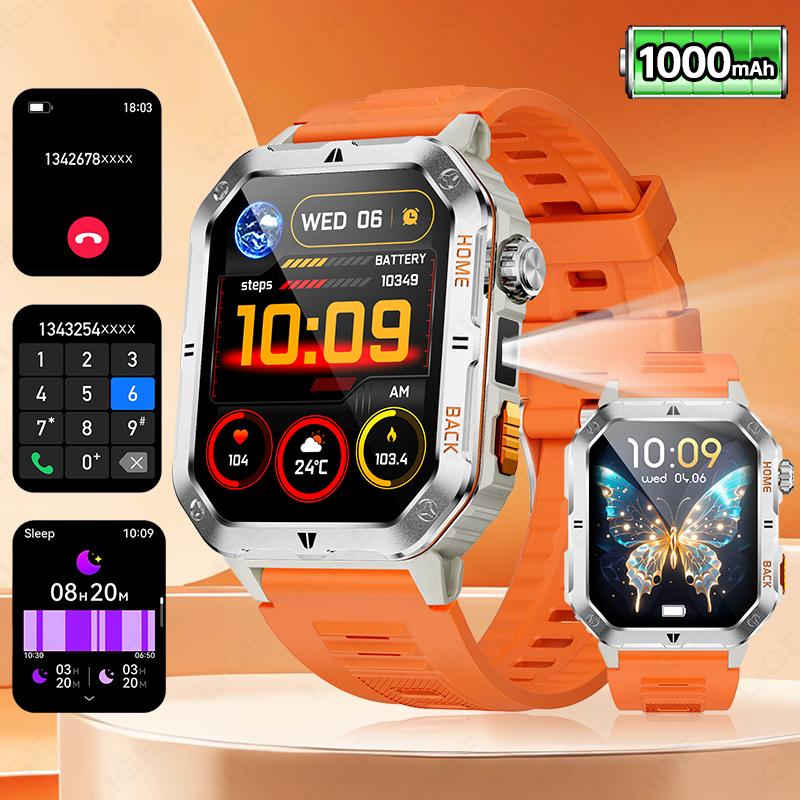 

New Men Smart Watch 1000mAh Battery Outdoor Flashlight Fitness 100+ Sports 3ATM Waterproof BT Call 2.01 Smartwatch помаранчевий