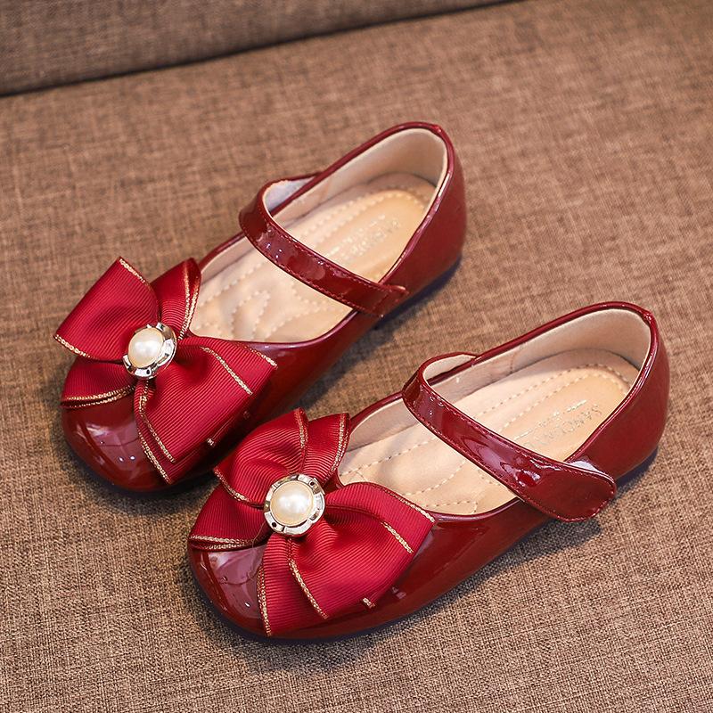 

Newest Children Leather Shoes Girls Princess Performance Party Dance Student Dress Cute Bow Pearl Kids Flats C 25