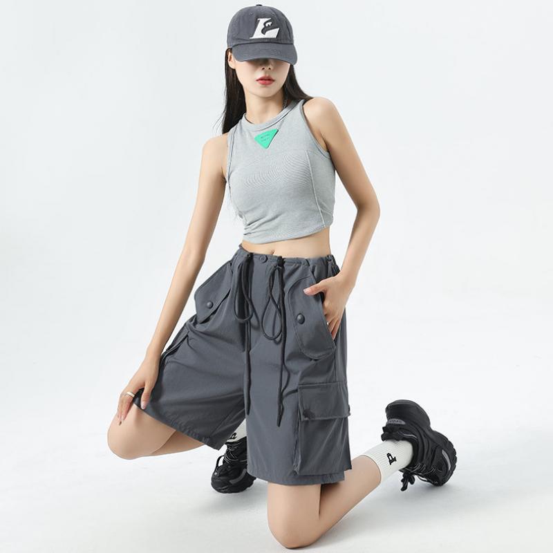 Damen Rosa Latzhosen Shorts 2023 Sommer Dünn Hohe Taille Lässig Locker Weitbein Amerikanische Sport Radshorts Bequem Y2k