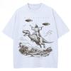 T075 Camiseta de Moda con Estampado de Dinosaurio de Dibujos Animados para Mujer Unisex Lavada Desgastada Vintage Camiseta Diseño de Moda Estudiantil Top de Vacaciones