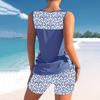 2ks/Sada Plavkový Oblek Výstřih do V Bez rukávů Boční Stahování Top Vysoký Pas Plavkové Šortky Set Potisk Rozdělené Plavky