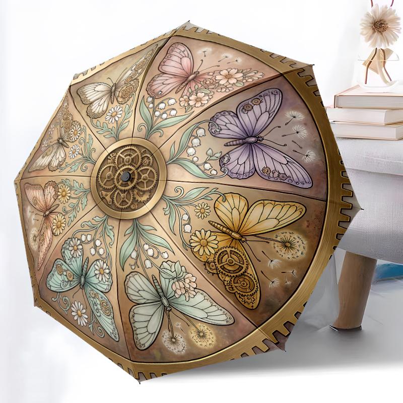1pc Sturdy 8-Bone Auto Umbrella, Elegant Pink Butterfly Golden Butterflies Umbrella, Digital Printed, Foldable Umbrella for On-the-Go Outdoor Use