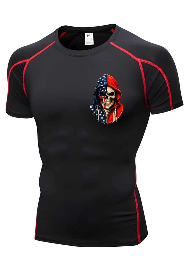 Men's Compression Shirt Quick Dry Black Gym T-Shirt USA Flag Skull Print Workout Sportswear
