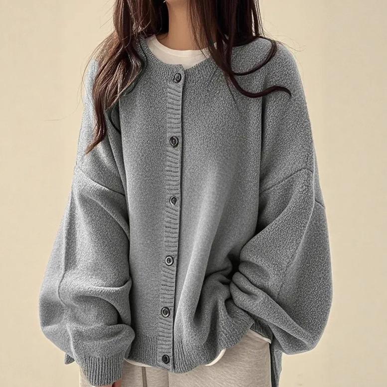 Vintage Solid Color Button Sweater Cardigan, Autumn and Winter Fashionable and Elegant Commuter Loose Knit Sweater for Women